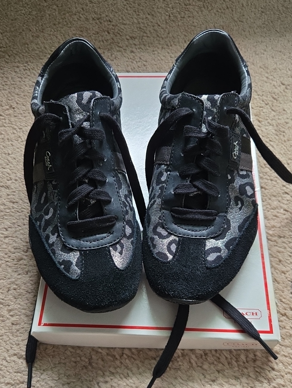 Coach Women's Black and Gray Leopard-Print Suede Sneakers